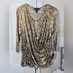 INC International Concepts Gold and Black Draped Blouse
